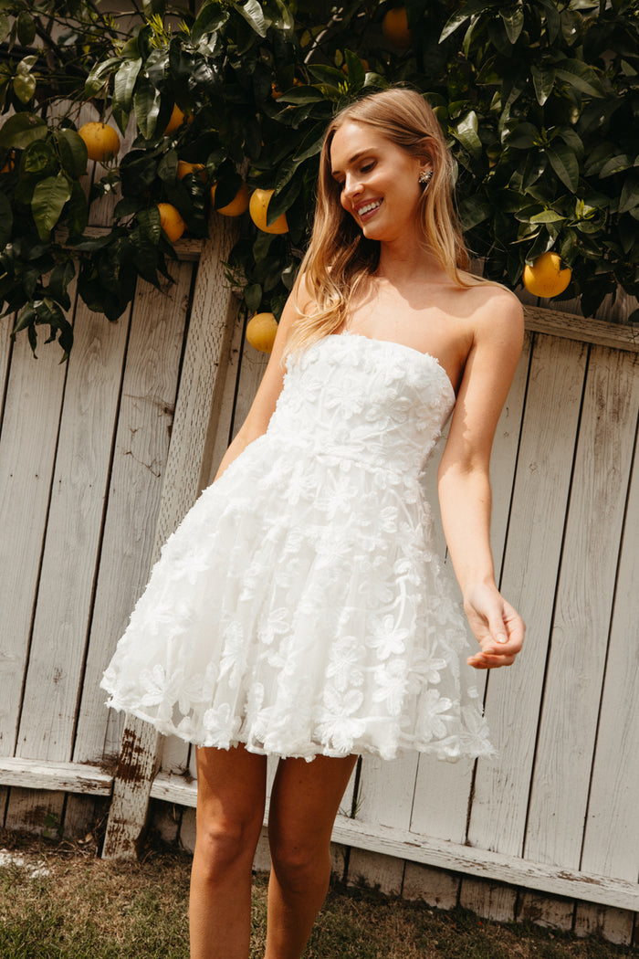 white strapless floral applique fit and flare  mini dress | graduation dress