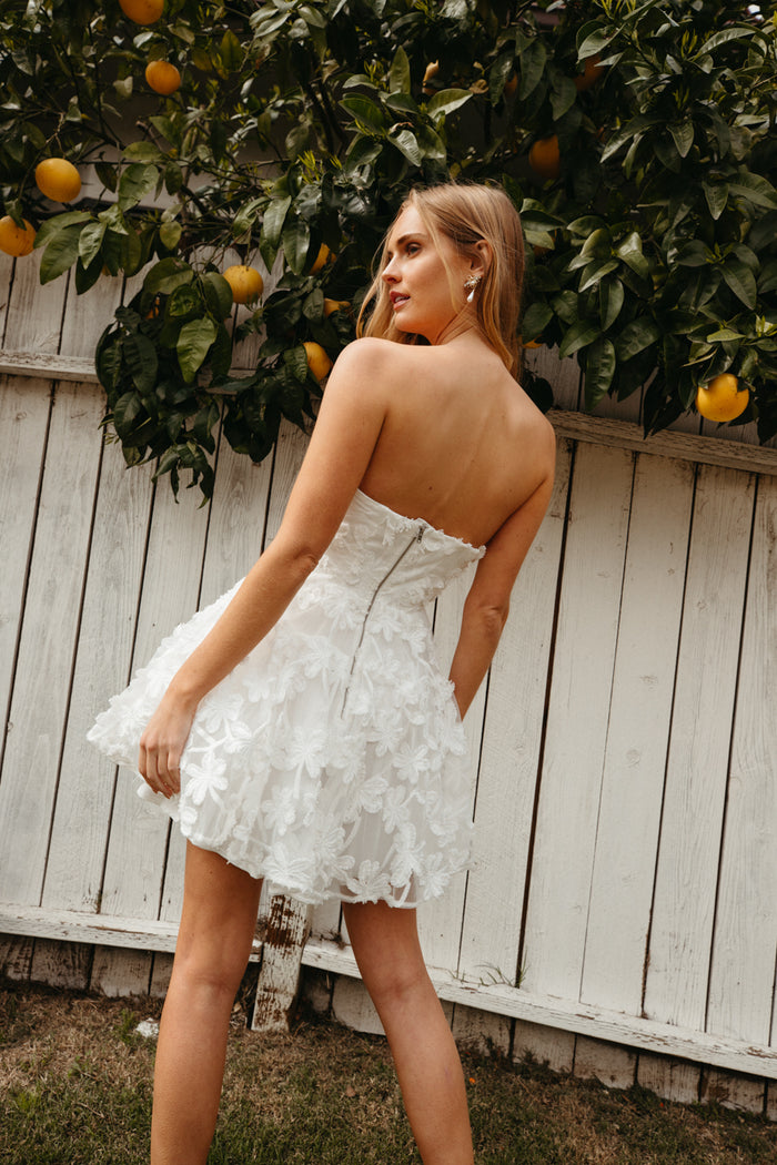 white floral textured strapless tulle mini dress | fairycore grad dress 
