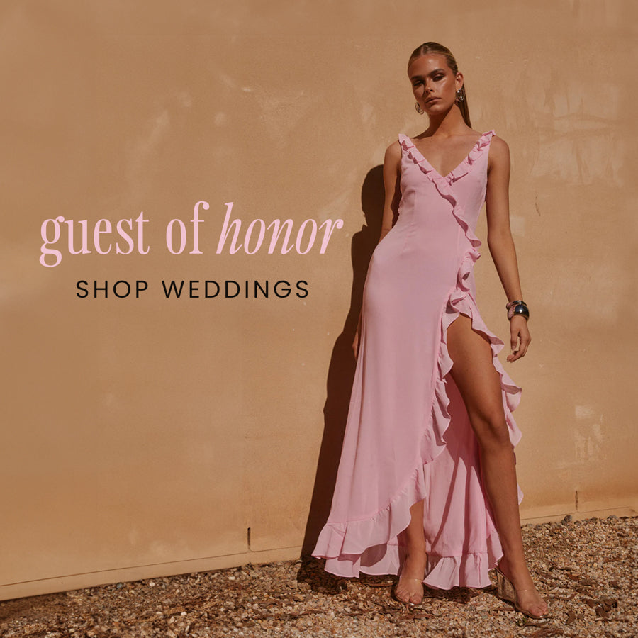 guest of honer: shop weddings | featuring the suzannah ruffle maxi dress in baby pink