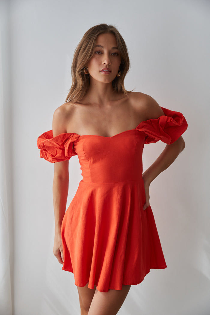 red-image | red off the shoulder mini dress - red date night dress - fit and flare mini dress
