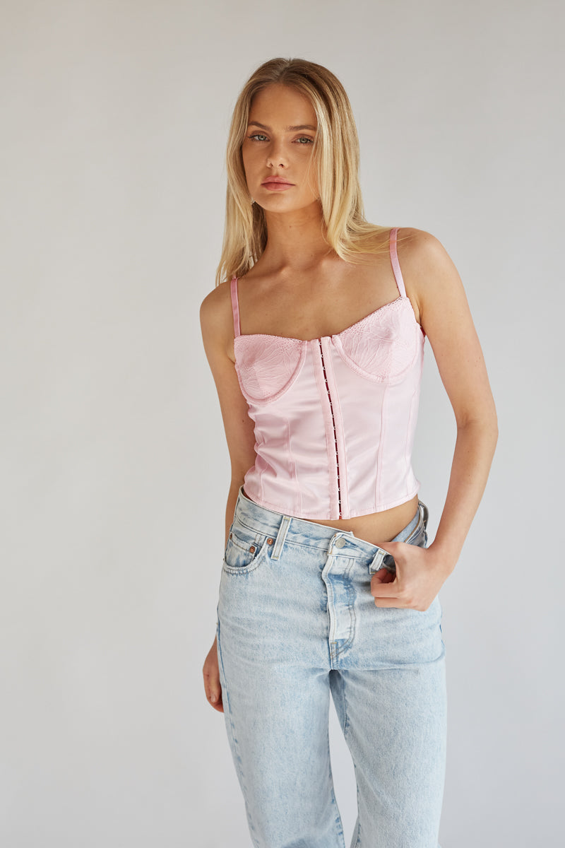 pale pink satin bustier top for women with spaghetti straps and lacey cups