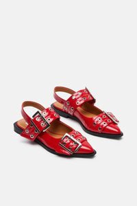 red pointed toe buckle slingback flats | cherry red shoes