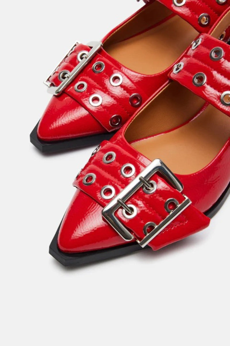 red patent leather buckled pointed toe flats | trending shoes for spring pop of red