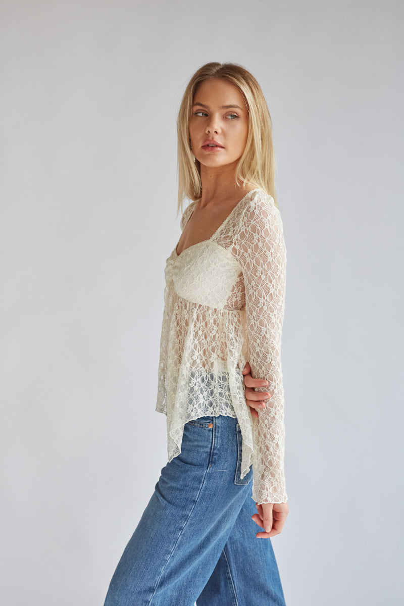 lace long sleeve sheer top with bow detailing and front cinch | long sleeve tops for spring 2024