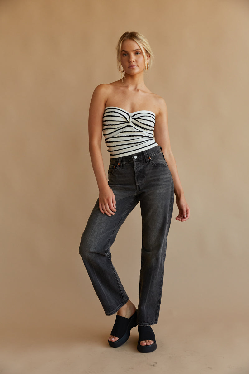 striped linen tee mom jeans slides 90s outfit — bows & sequins