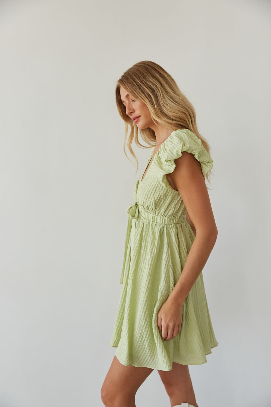 side view | green v neck bubble sleev babydoll mini dress | rush mini dress 2027
