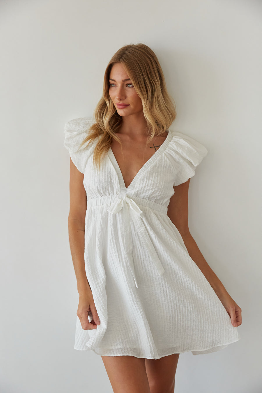front view | white v neck bubble sleev babydoll mini dress | rush mini dress 2024 | white-image