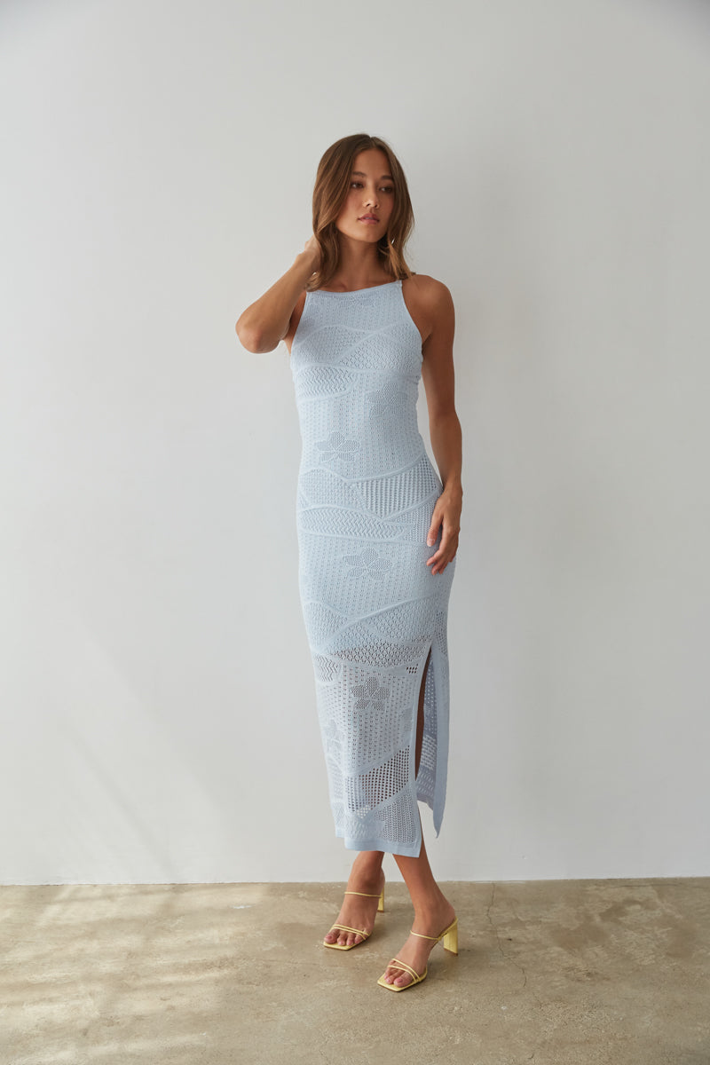 Keilani High Neck Open Knit Midi Dress Shop American Threads Women's Trendy Online Boutique Keilani High Neck Open Knit Midi Dress Shop American Threads Women's Trendy Online Boutique