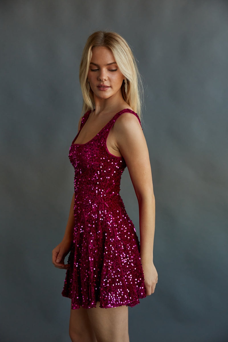 Lacy Sequin Flare Mini Dress in Magenta | Size Medium | 100% Polyester | American Threads