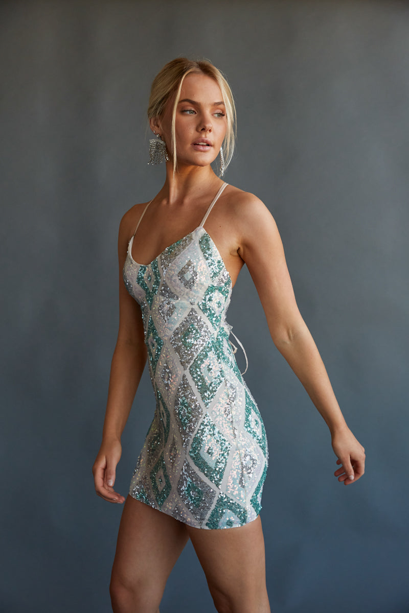 Lauren Sequin Mini Dress in Mint | Size Medium | Polyester/Spandex | American Threads