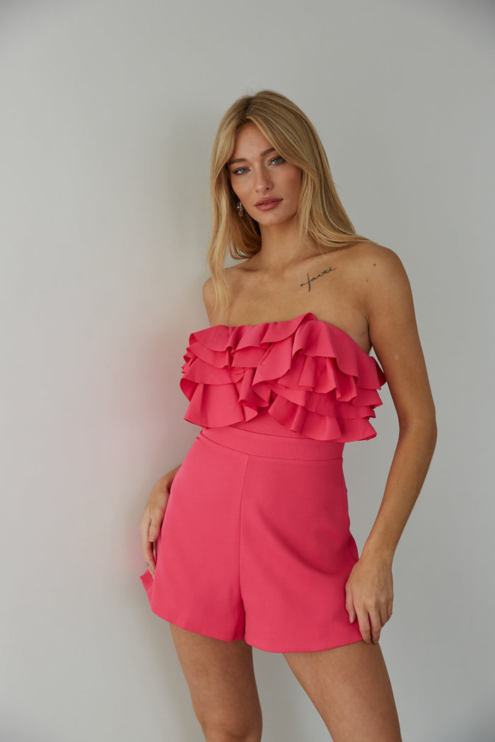 pink-image | pink tiered ruffle romper - strapless romper in barbie pink - pink outfits for sorority recruitment