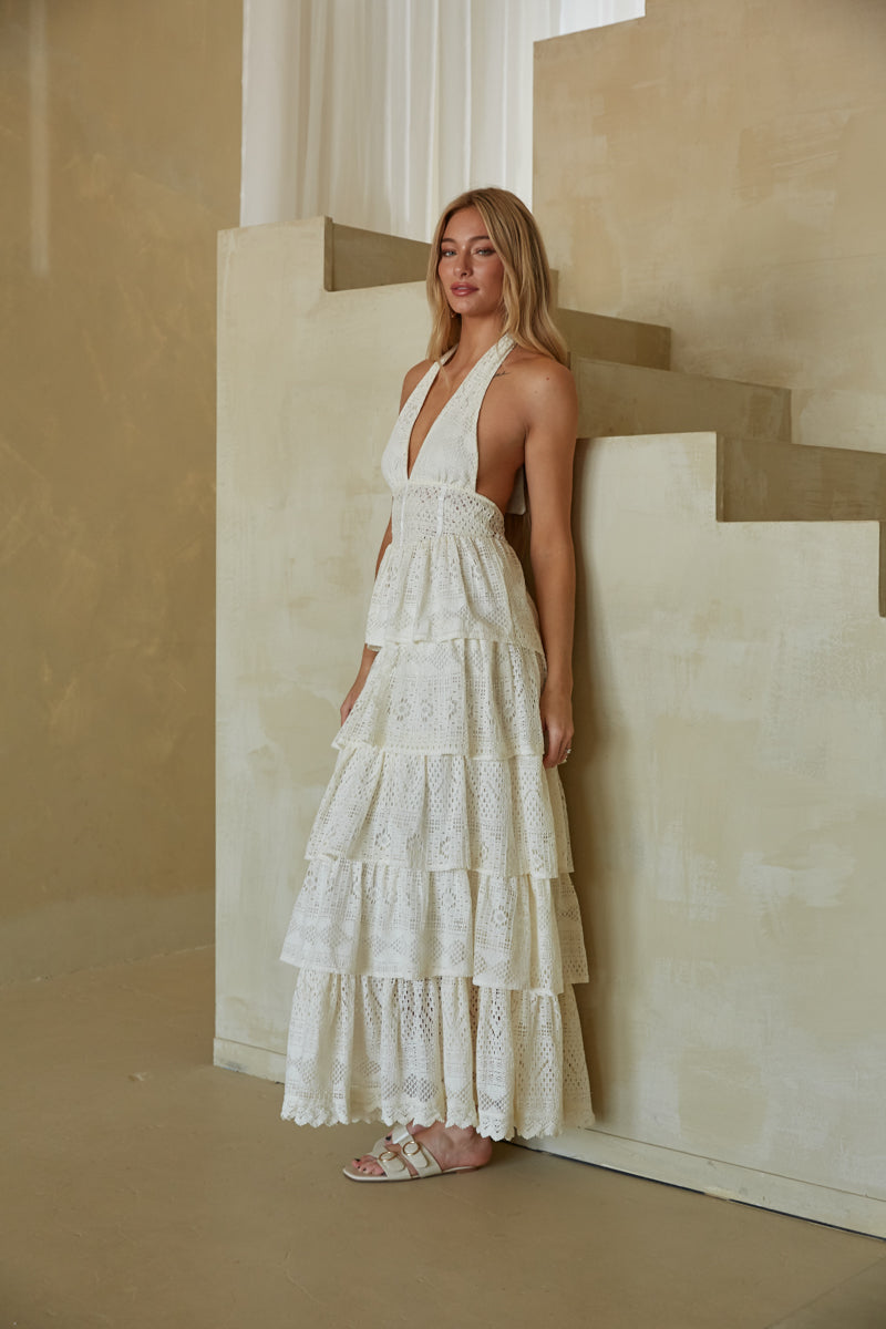 Crochet Ruffle Trim Dress, White, Size 8