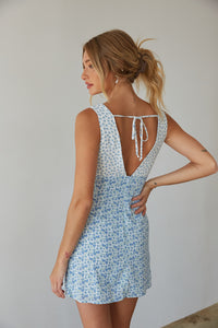 back view | blue ditsy floral mini slip dress | casual summer mini dress
