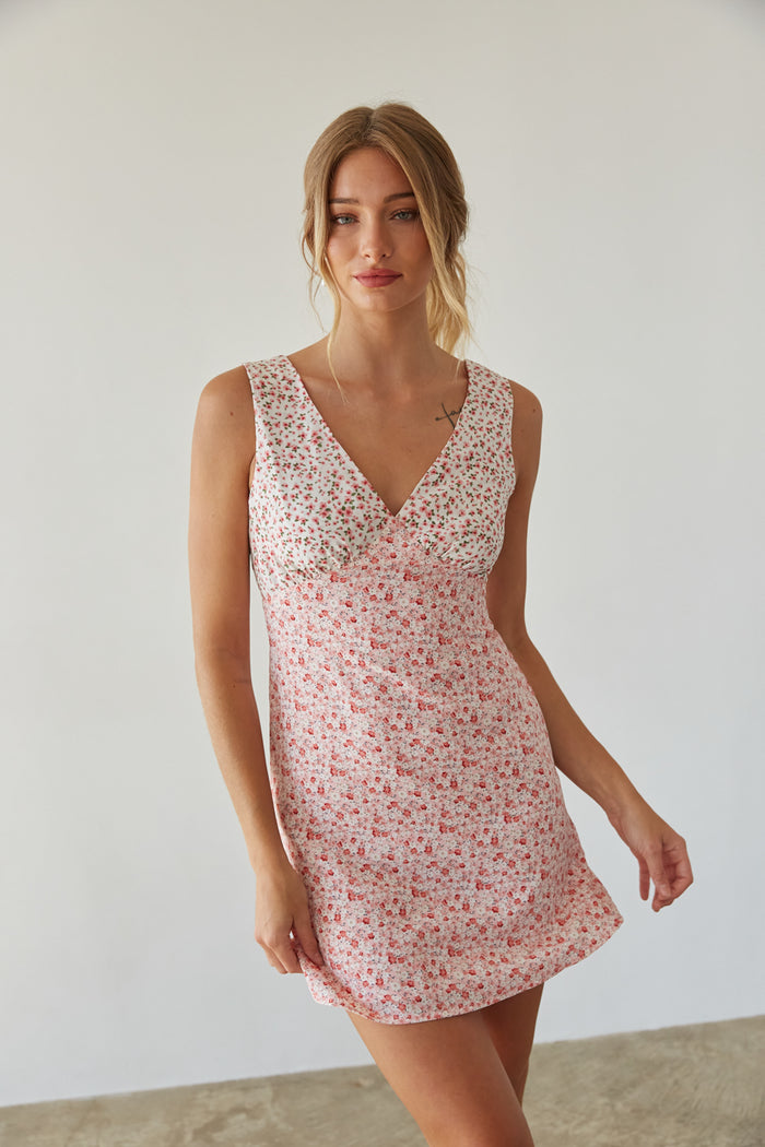 front view | pink ditsy floral mini slip dress | casual summer mini dress | pink-image