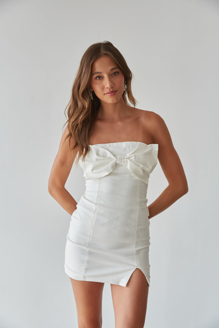 white bow front strapless mini dress | white-image