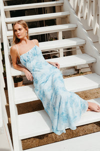 blue watercolor maxi dress with white trim | vintage floral maxi dress