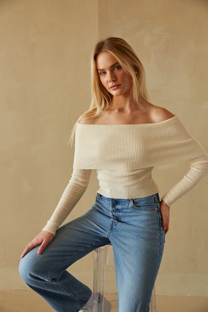 cream knit off the shoulder long sleeve foldover sweater - trendy foldover shrug sweater - winter fashion boutique