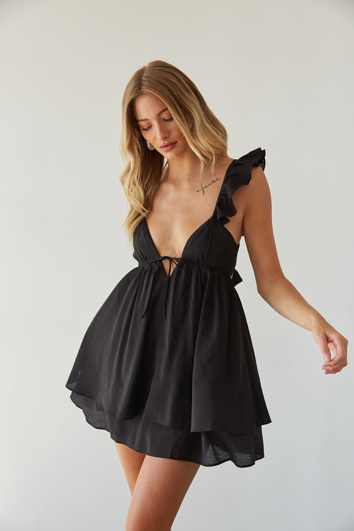 black-image | front view | black ruffle strap babydoll mini dress
