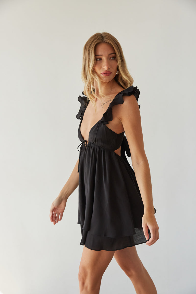 side view | black ruffle open back mini dress | summer birthday mini dress