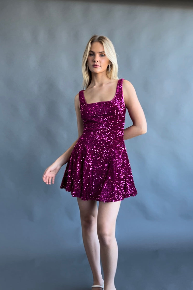 magenta square neck fit and flare mini dress with all over sequins - hot pink mini dresses - holiday mini dress boutique