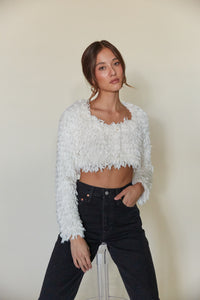 trendy white fluffy cropped sweater top | what to wear winter 2023  | feather cropped cardigan