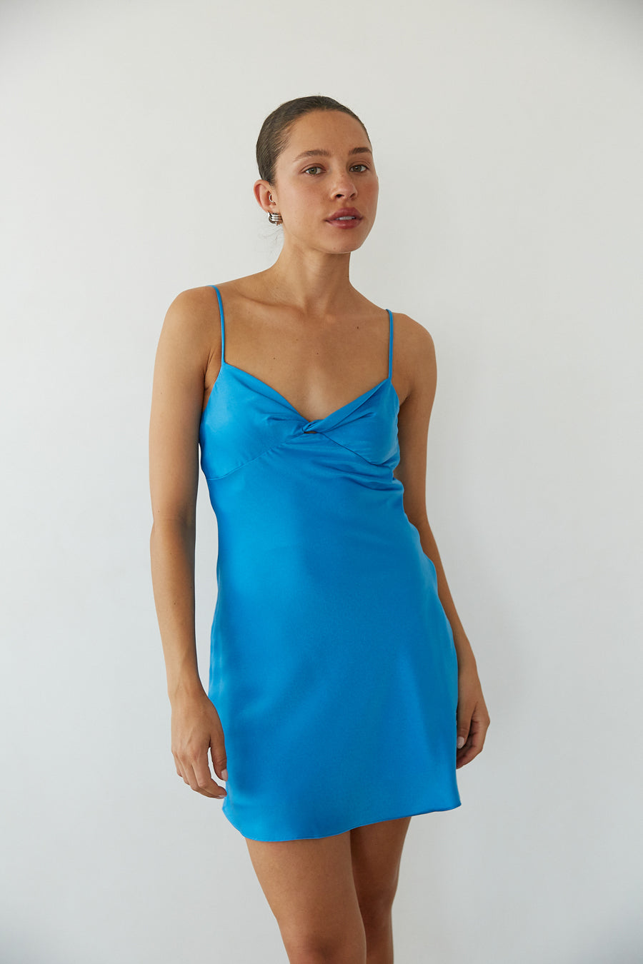 Raya Twist Front Satin Mini Dress Shop American Threads Online Marine Blue / XS Raya Twist Front Satin Mini Dress Shop American Threads Online Marine Blue / XS