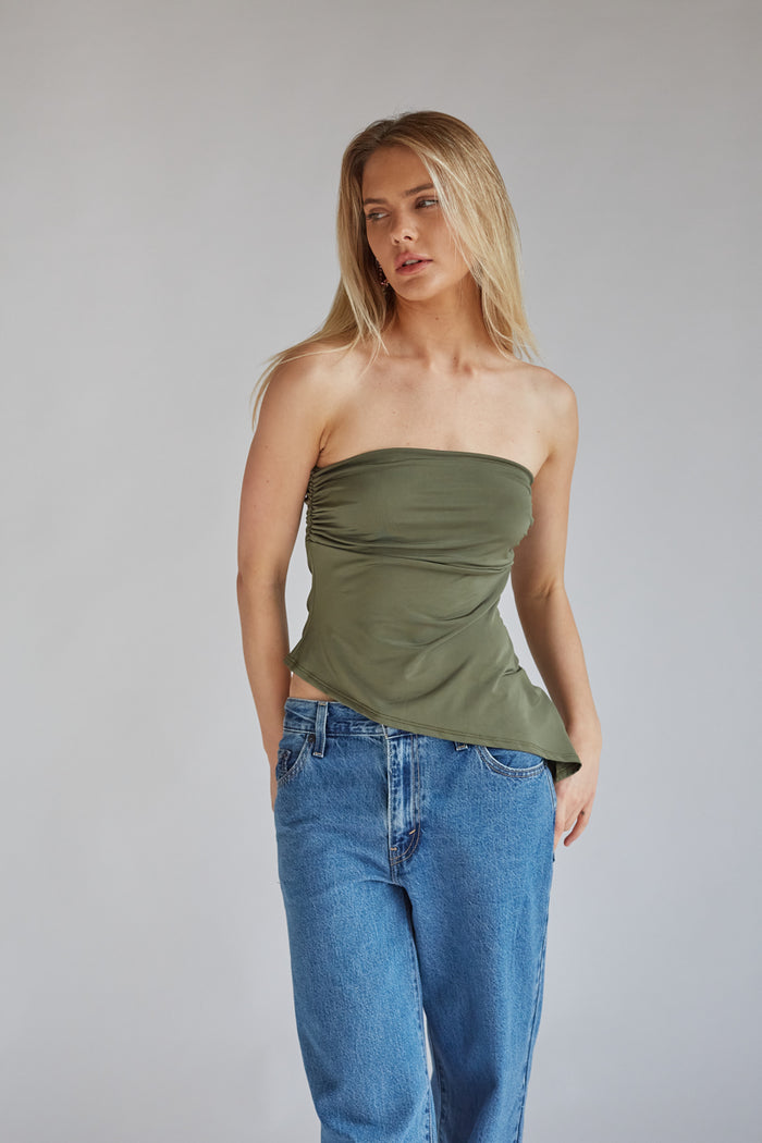 olive asymmetrical tube top with ruching | green going out top