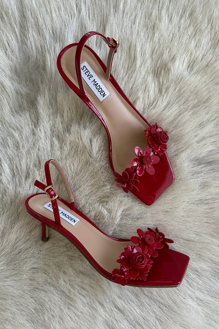 steve madden open toe square 2.5 in heel with floral embellished strap and sling back heel