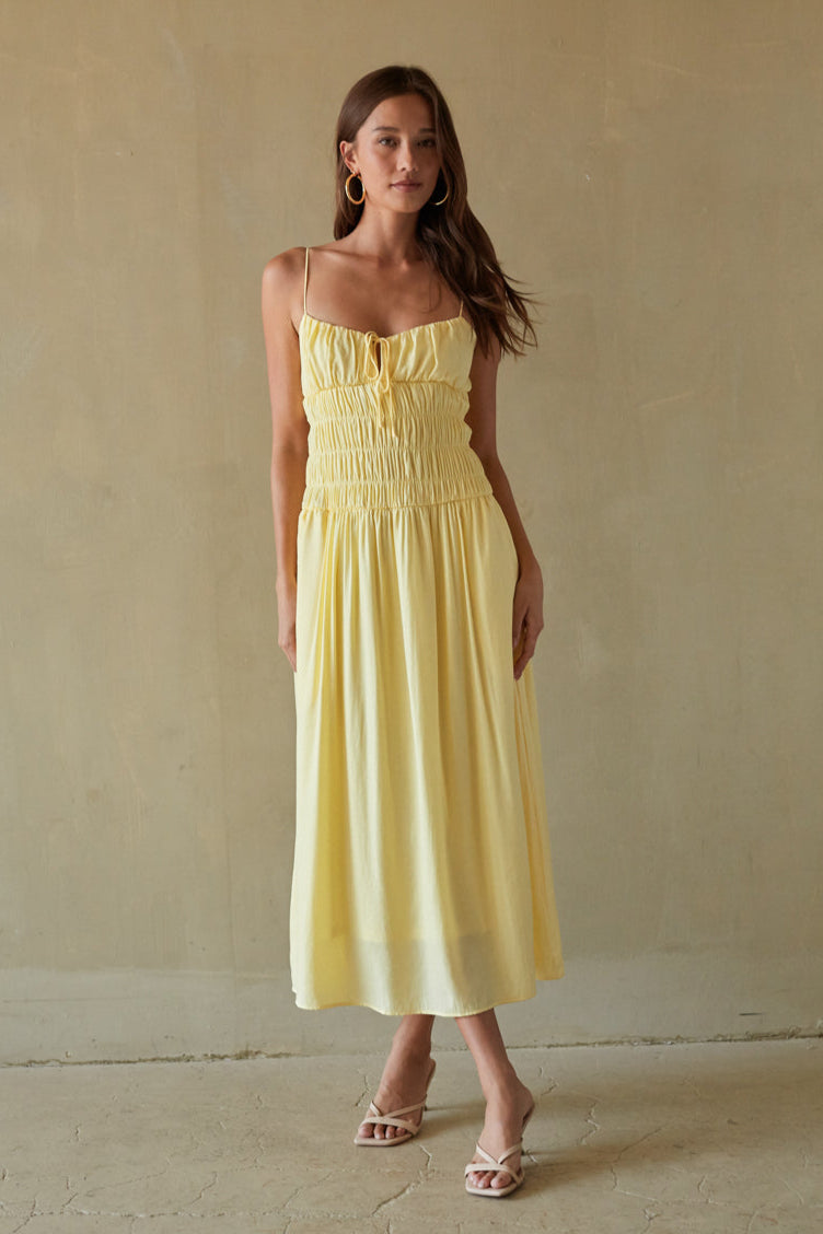 Roxana Smocked Midi Dress | Shop American Threads Boutique Butter Yellow / XS Roxana Smocked Midi Dress | Shop American Threads Boutique Butter Yellow / XS