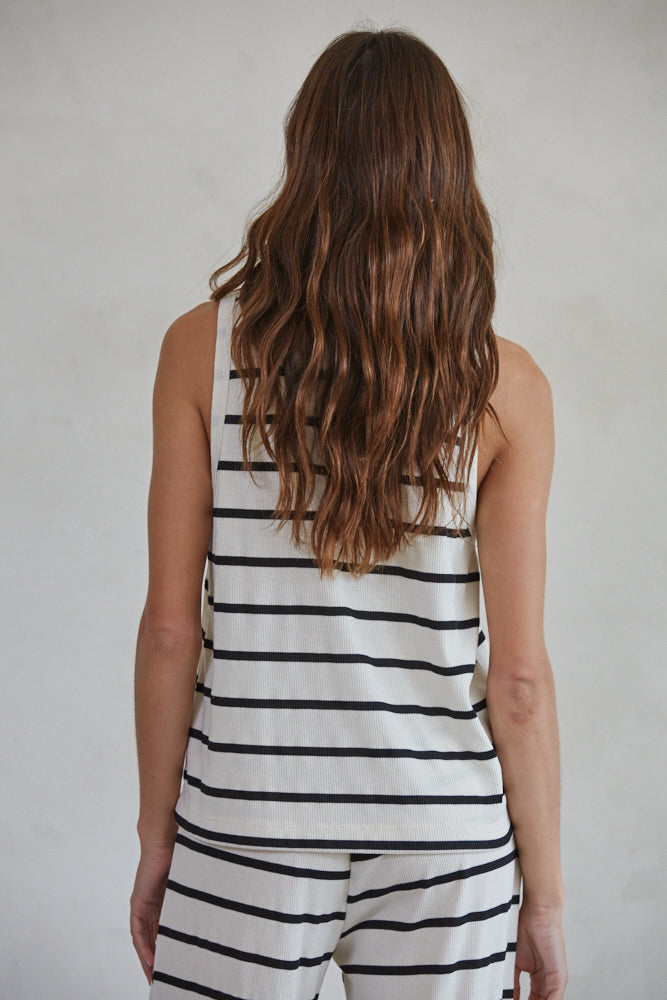 white ribbed knit tank with black horizontal striped - comfy matching set