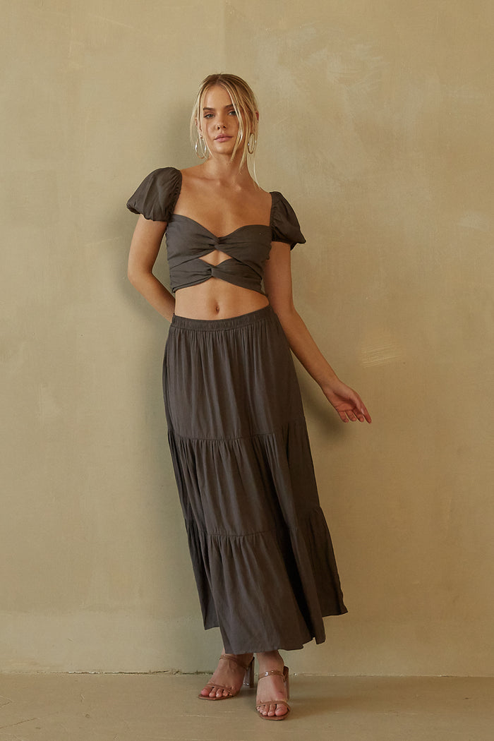 sexy two piece maxi skirt set with cutouts on the crop top and puff sleeves