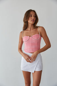 pink mesh bustier top - rhinestone strap corset top - date night outfit inspo