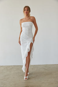 white sparkly strapless bodycon midi dress with ruffle hem | glitter bridal midi dress