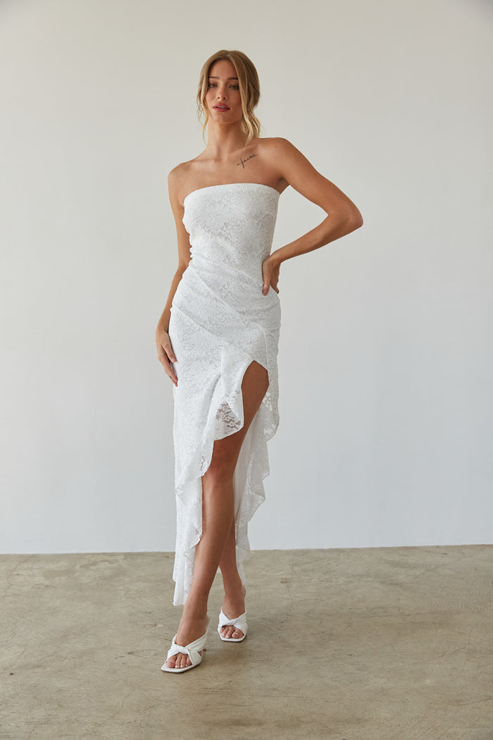 front view | white sparkly strapless bodycon midi dress with ruffle hem | unique bridal dress
