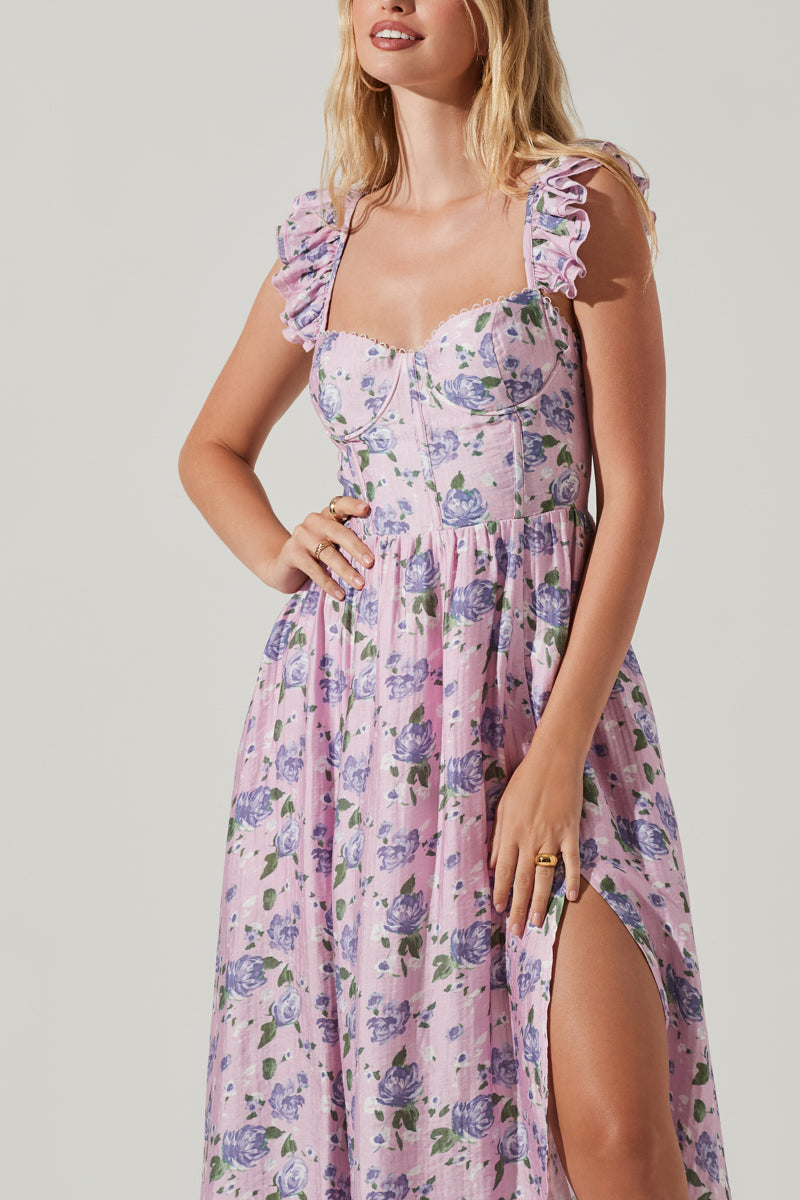 purple and pink floral corset dress with ruffle straps and side slit