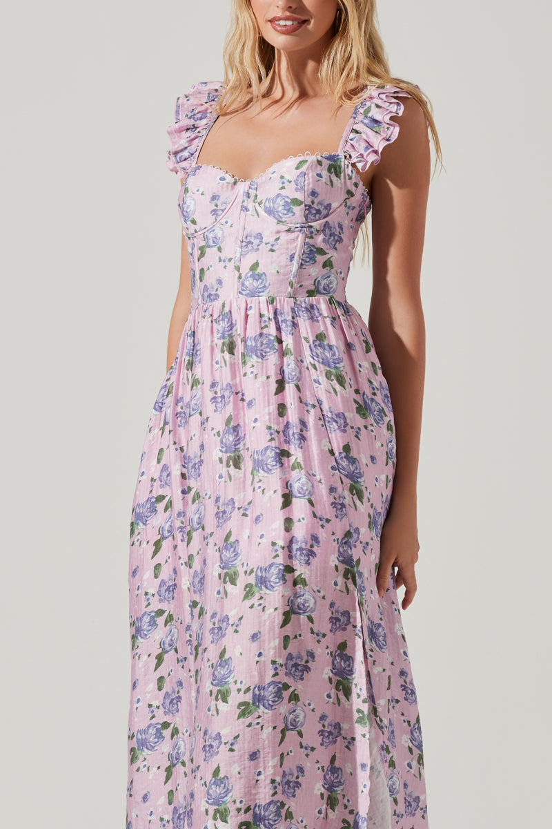 floral pink and purple bustier flowy maxi dress with ruffles | fairycore dress