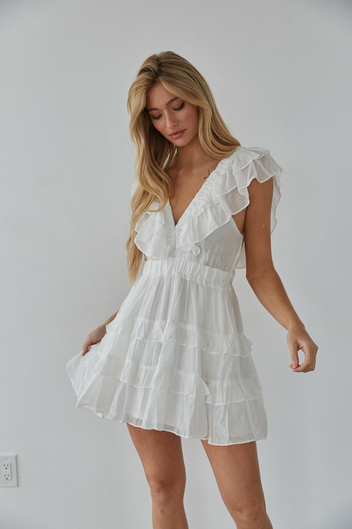 white flutter sleeve mini dress - graduation dress inspo - sorority rush outfit | white-image