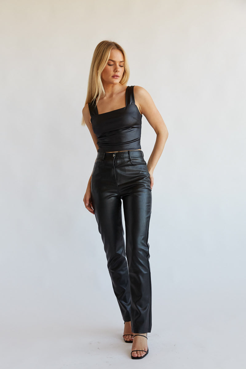 Womens Black Straight Leg Leather Pants - High Waist Style