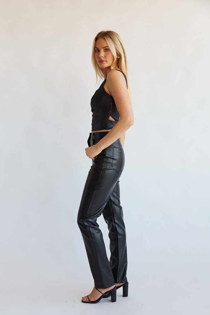 Black Faux Leather Straight Leg Pants as part of an outfit