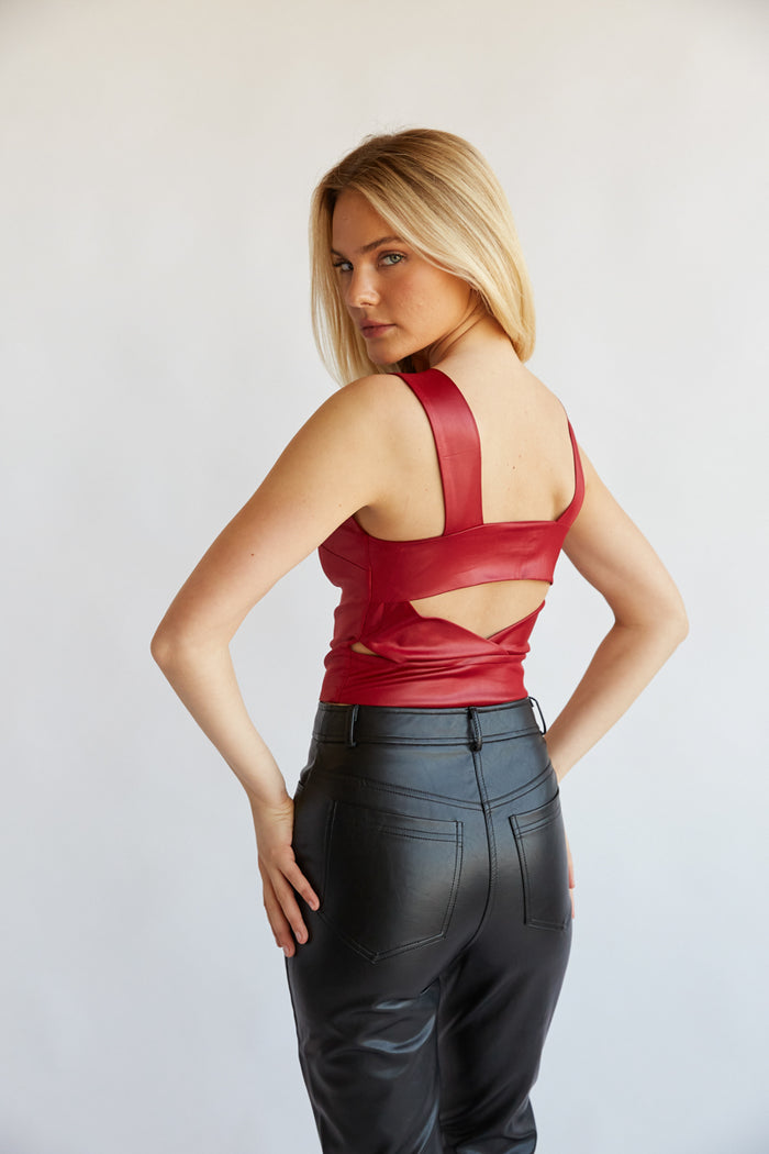 sexy cutout faux leather tank top with open back and square neck - going out top | game-day