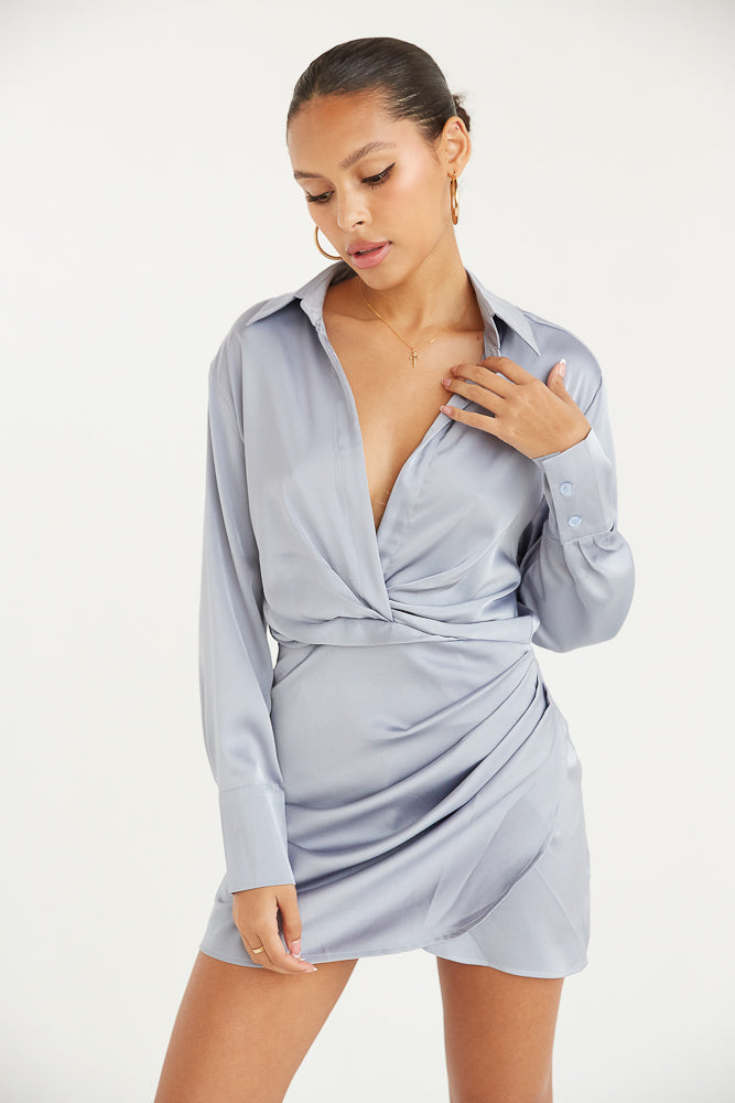 Maddox Satin Mini Dress • Shop American Threads Women's Trendy Online Boutique Slate Blue / S / No Returns/Exchanges