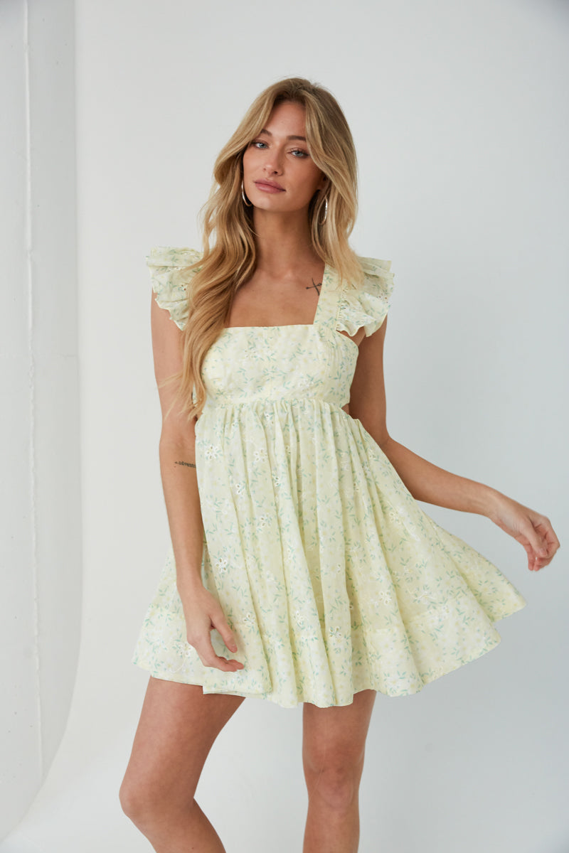 Cara Floral Eyelet Flutter Sleeve Babydoll Mini Dress American Threads Young Women's Fashion Pink / L Cara Floral Eyelet Flutter Sleeve Babydoll Mini Dress American Threads Young Women's Fashion Pink / L