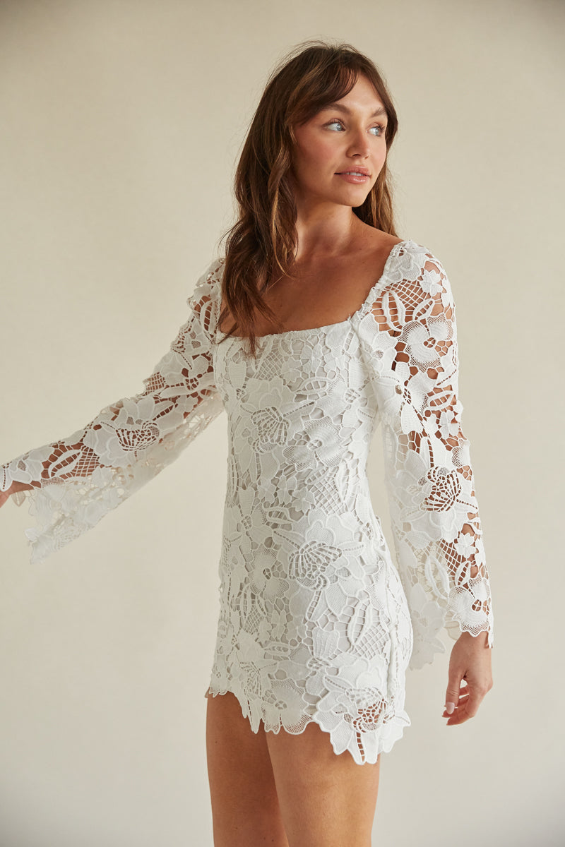 plus size bachelorette party dress White Lace Corset Mini Dress Long Sleeve Square Neck Bridal Shower  Bachelorette Party Dress A-Line Satin Tie Front Romantic Dress by Kouvr  Fashion main image 1