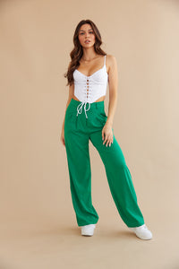 green pleated trouser pants