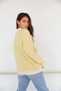 yellow oversized sweater - color block crew neck sweater - yellow and pink color block sweater