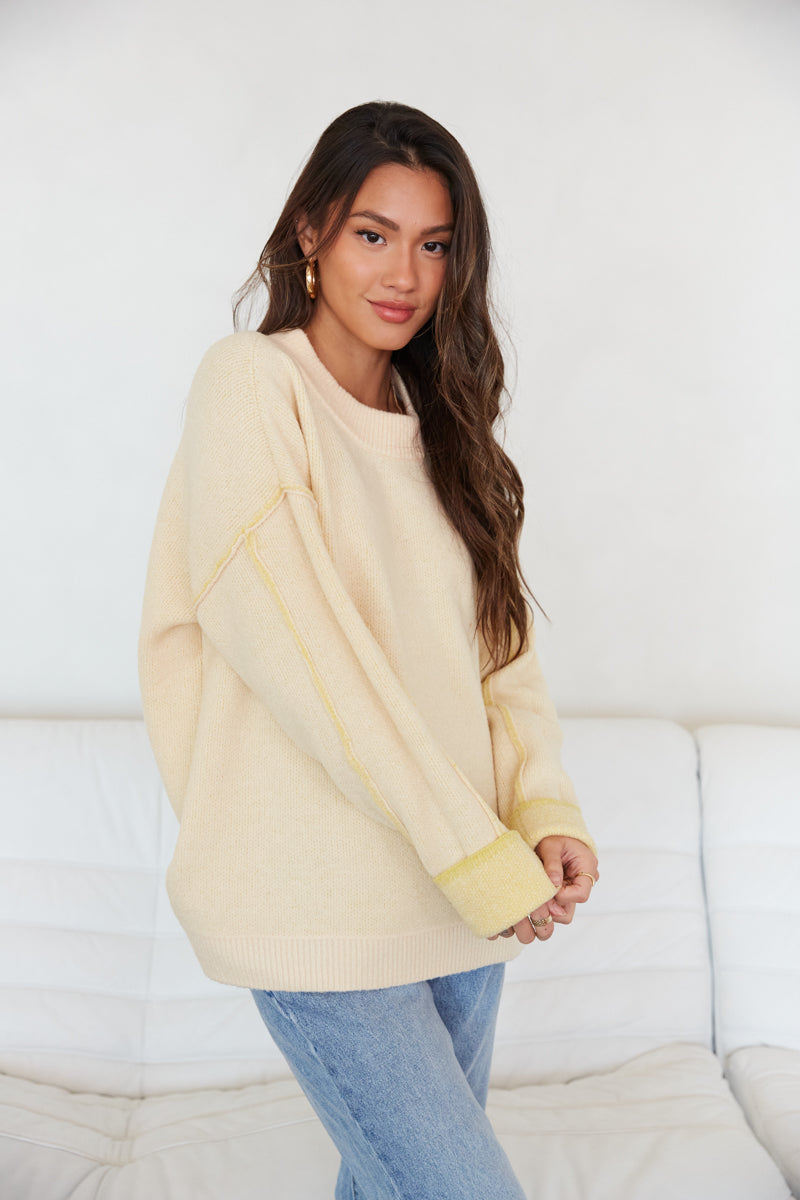 oversized contrast stitch sweater - pastel pink and yellow crew neck sweater - cozy colorful sweater