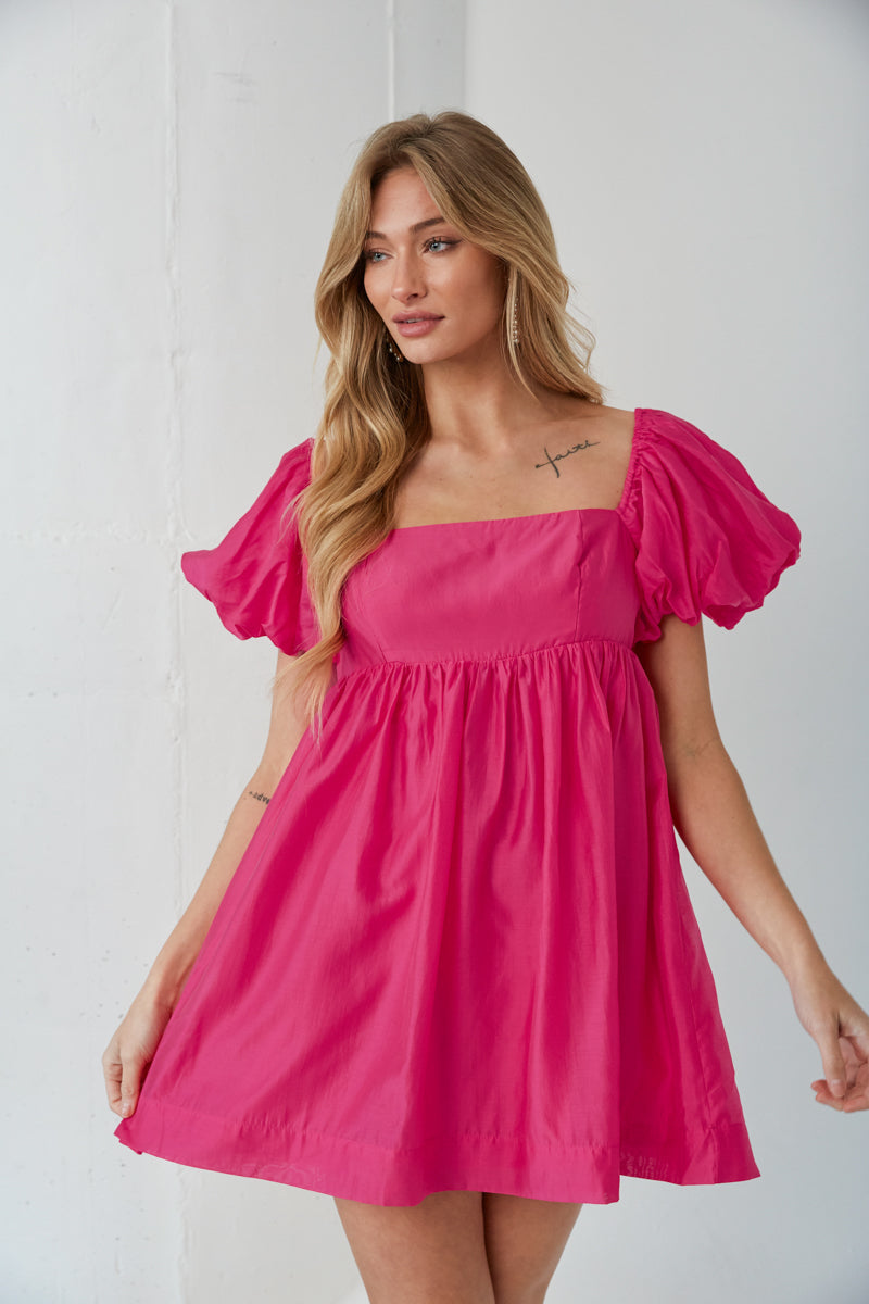 Cassia Puff Sleeve Babydoll Mini Dress in Fuchsia • Shop American
