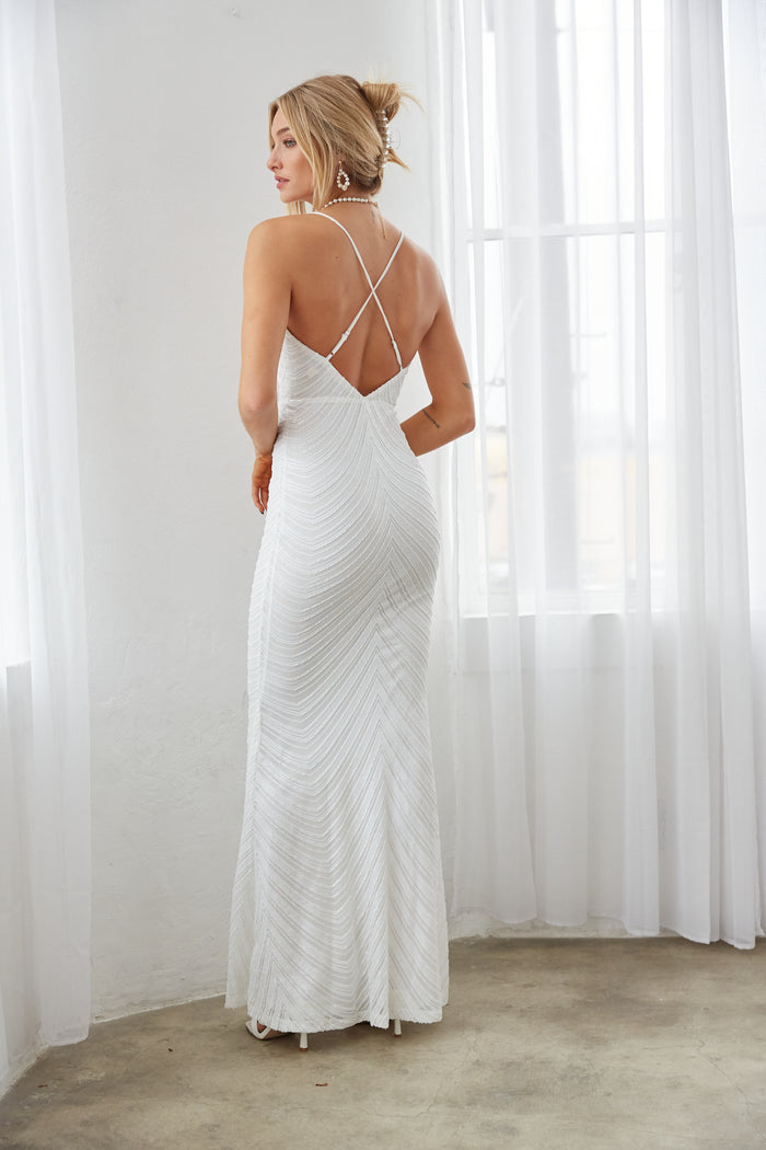white maxi dress - wedding reception outfit inspo - white sequin mermaid dress - wedding dress