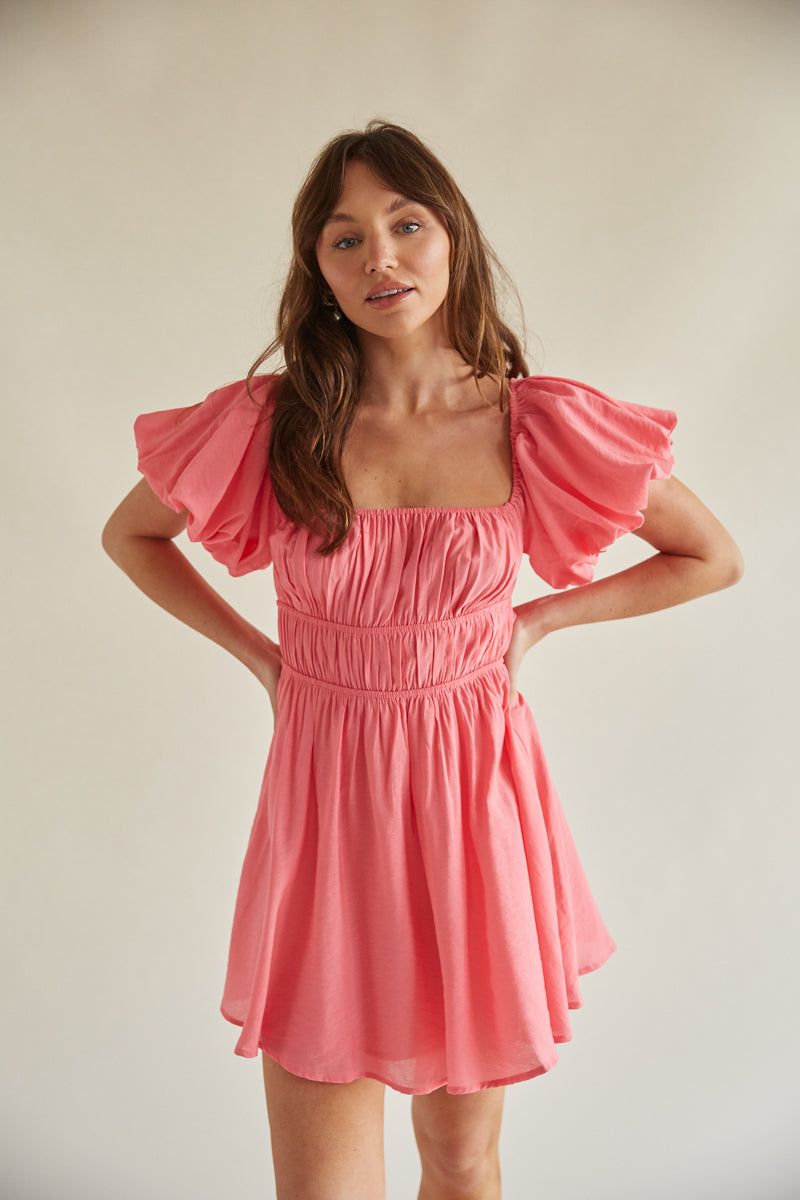 Santal Puff Sleeve Babydoll Mini Dress American Threads Trendy Dresses Pink / M Santal Puff Sleeve Babydoll Mini Dress American Threads Trendy Dresses Pink / M