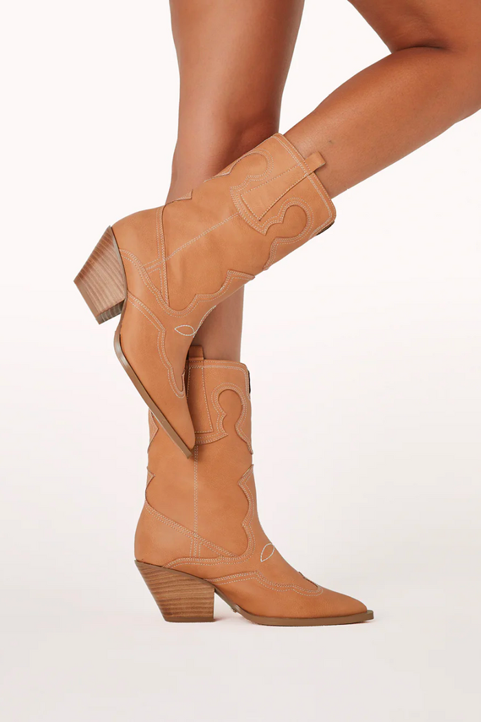 trendy camel colored cowgirl boots with pointed toe and stacked heel